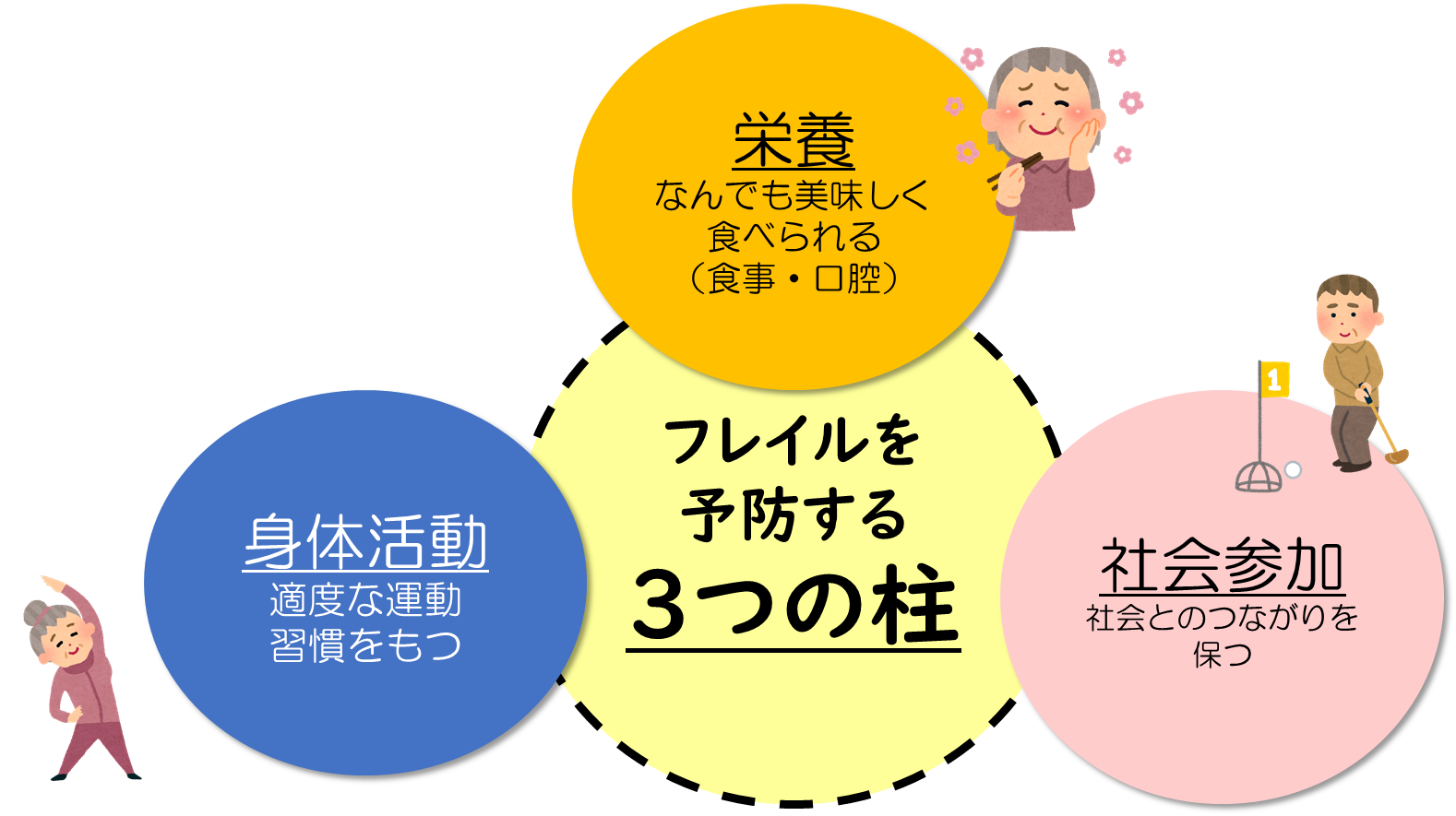 フレイル予防の３つの柱（栄養・運動・社会参加）