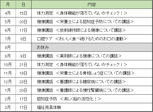 ふれあいセンターうきうきルーム日程表