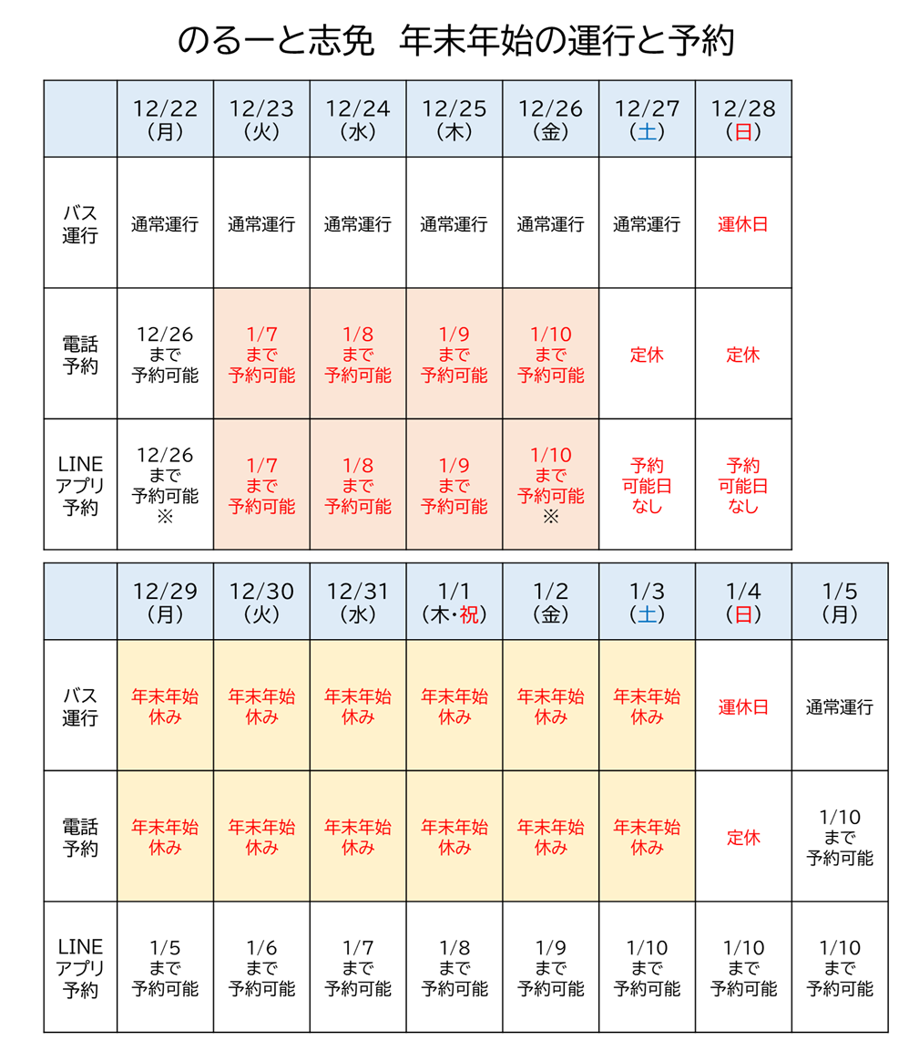 年末年始期間の運行等スケジュール