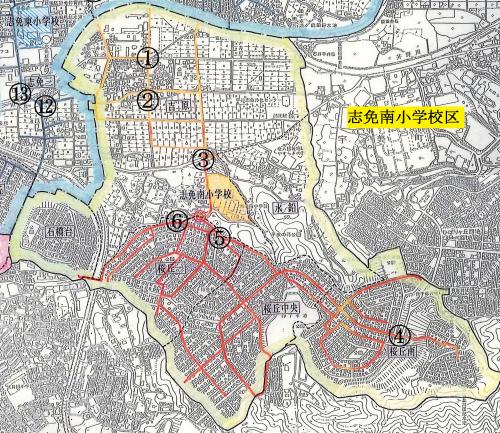 志免南小学校区、通学路の危険個所対策マップ