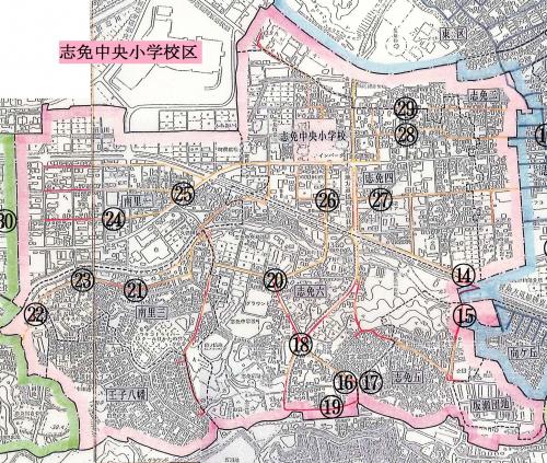 志免中央小学校区、通学路の危険個所対策マップ